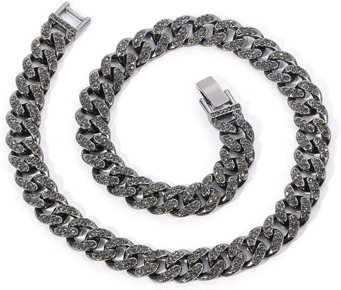 2Pcs Men Iced Out Gun Black Rhodium Plated CZ Cuban Link 55CM Necklace & Bracelet Set